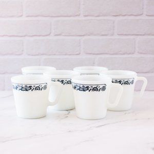 Pyrex 1410 Old Town Blue Onion Pattern White Milk Glass Mug Cups | 6